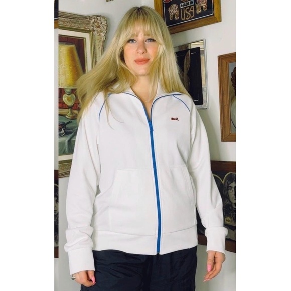 Vintage Men’s Le Tigre Cotton Track Jacket in White and Blue - Zip Up - Medium - Picture 1 of 10